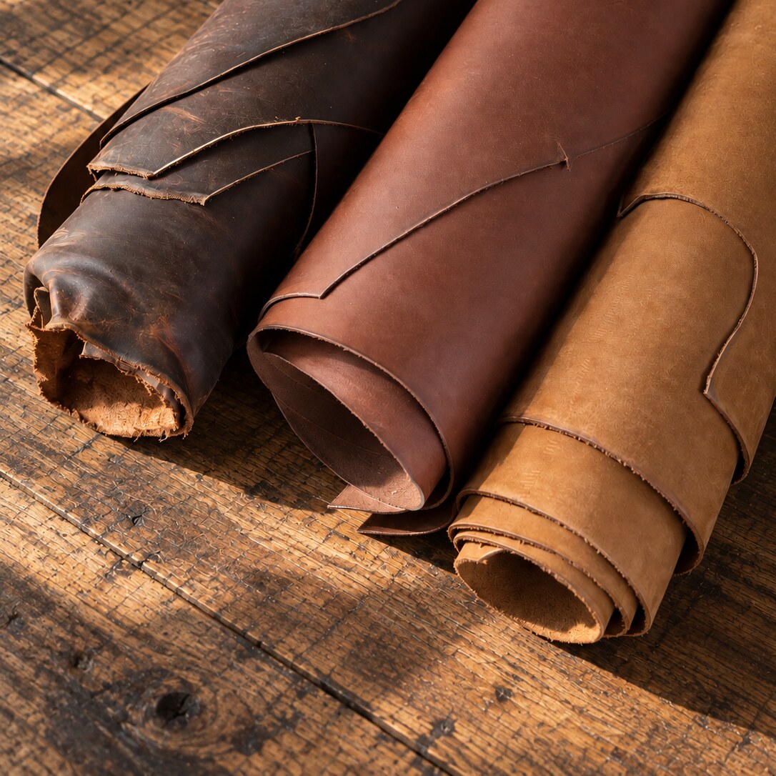 Three rolls of full-grain leather — dark brown, brown, and tan — the leather we cut custom patches from