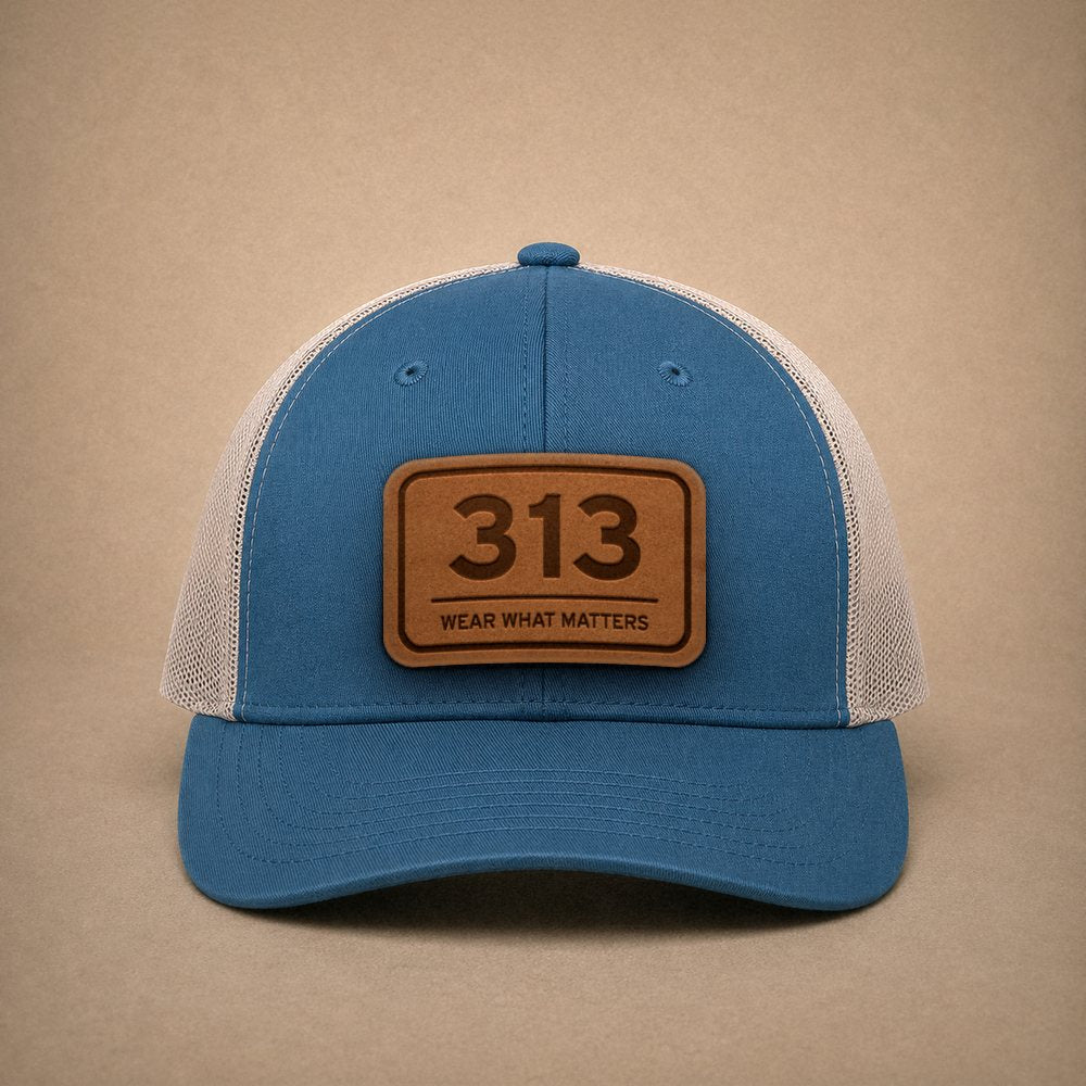 Steel Blue Detroit hats — Detroit 313 Leather Patch Trucker Hat