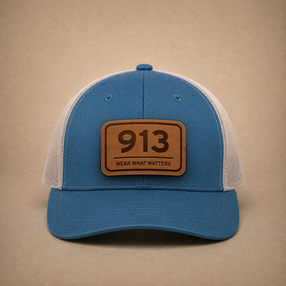 Steel Blue Kansas City hats — Kansas City 913 Leather Patch Trucker Hat