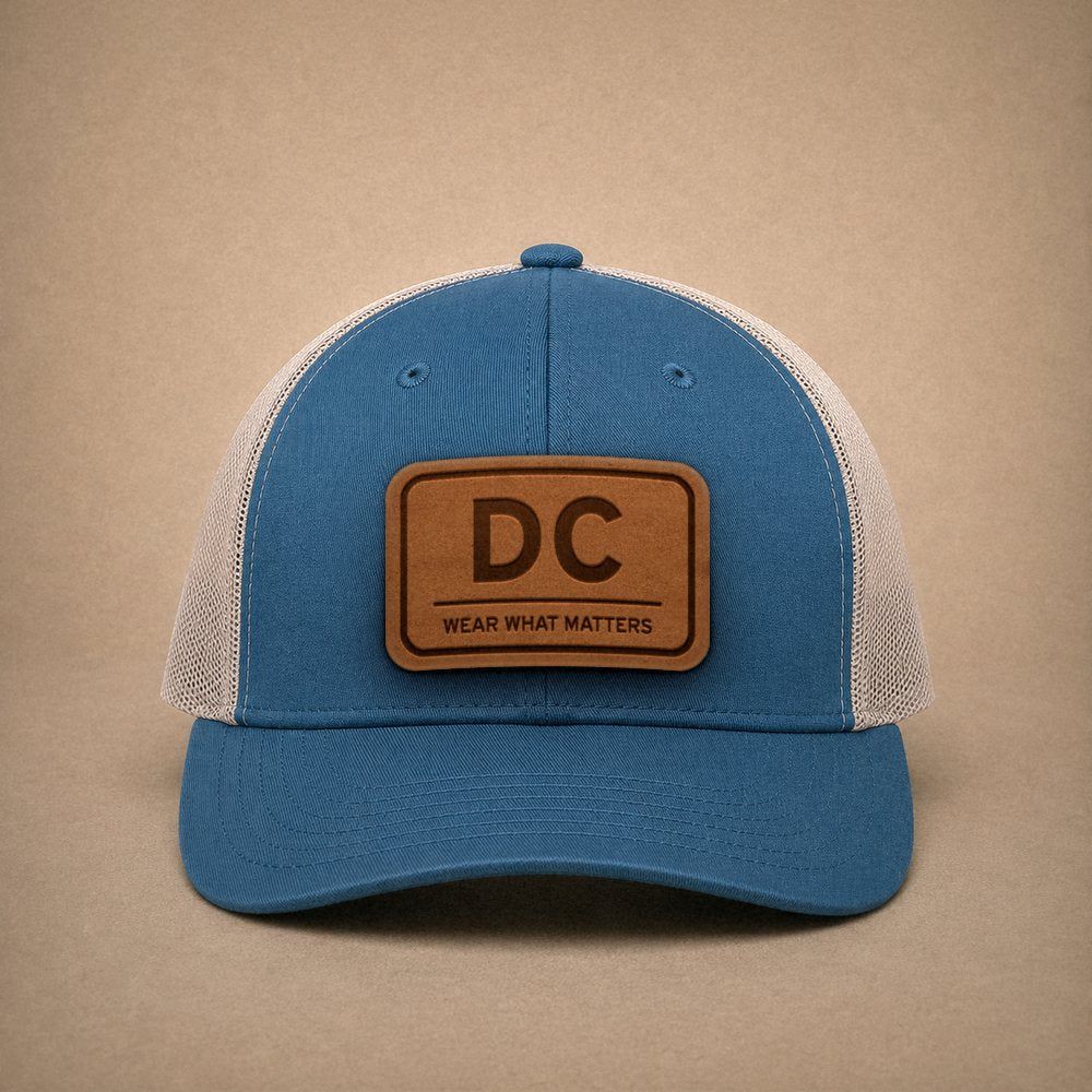 Steel Blue Washington DC hats — Washington DC Leather Patch Trucker Hat