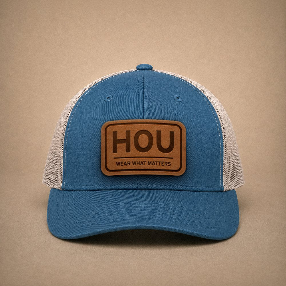 Steel Blue Houston hats — Houston HOU Leather Patch Trucker Hat