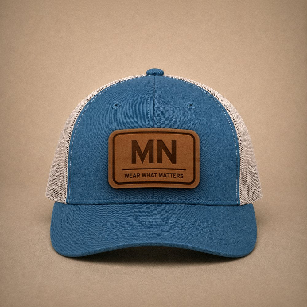Steel Blue Minnesota hats — Minnesota MN Leather Patch Trucker Hat