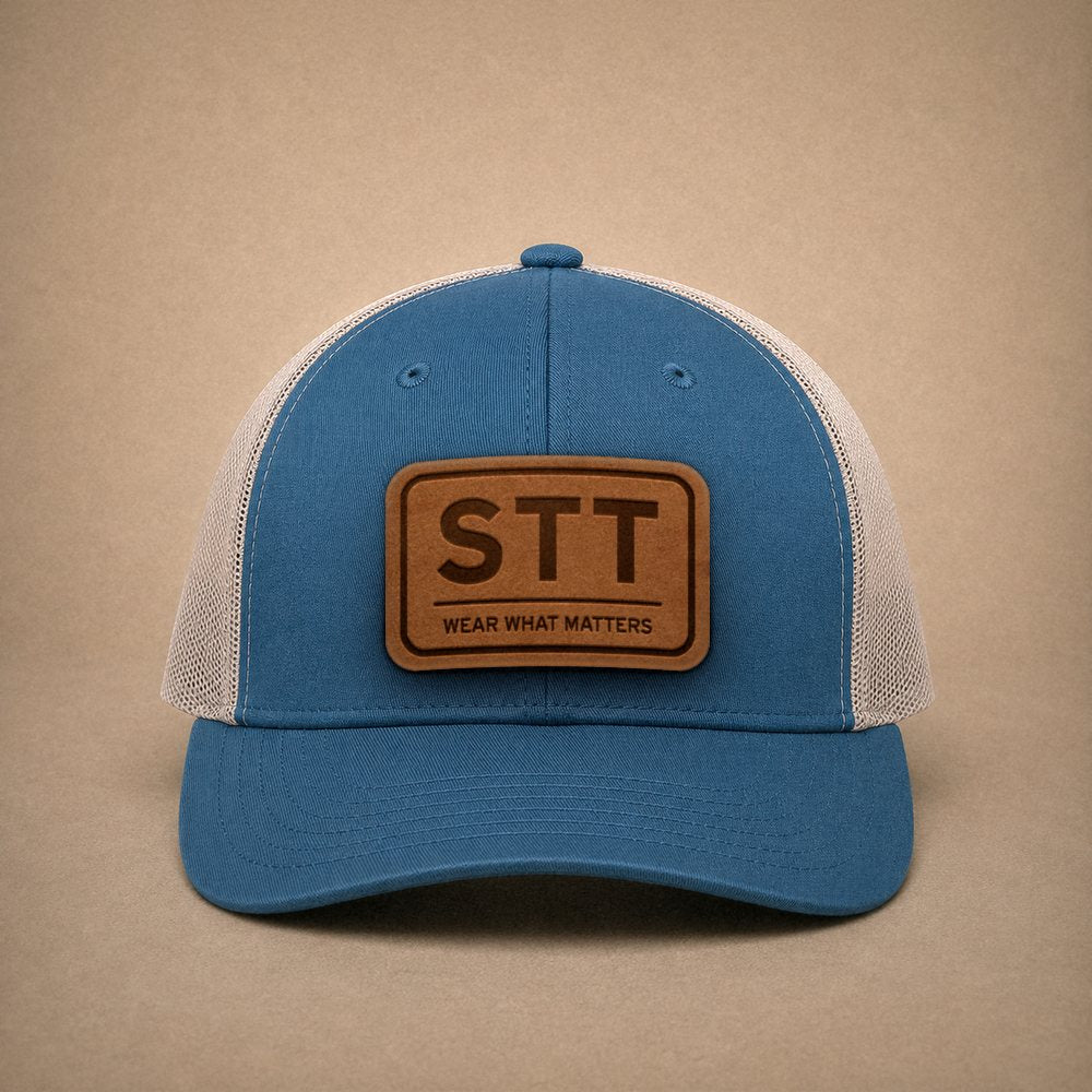 Steel Blue St Thomas hats — St Thomas STT Leather Patch Trucker Hat
