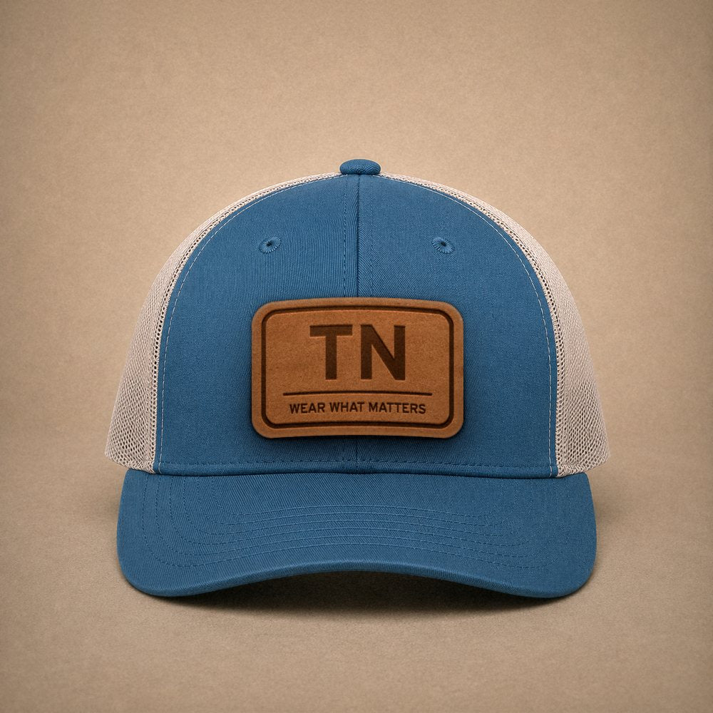 Steel Blue Tennessee hats — Tennessee TN Leather Patch Trucker Hat