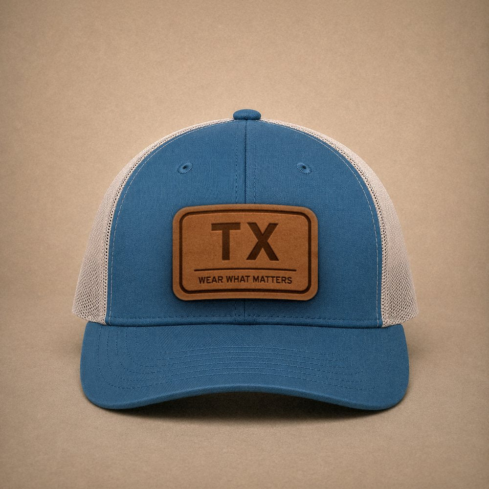 Steel Blue Texas hats — Texas TX Leather Patch Trucker Hat