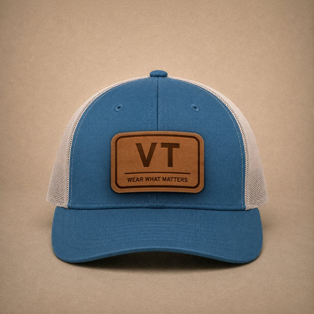 Steel Blue Vermont hats — Vermont VT Leather Patch Trucker Hat
