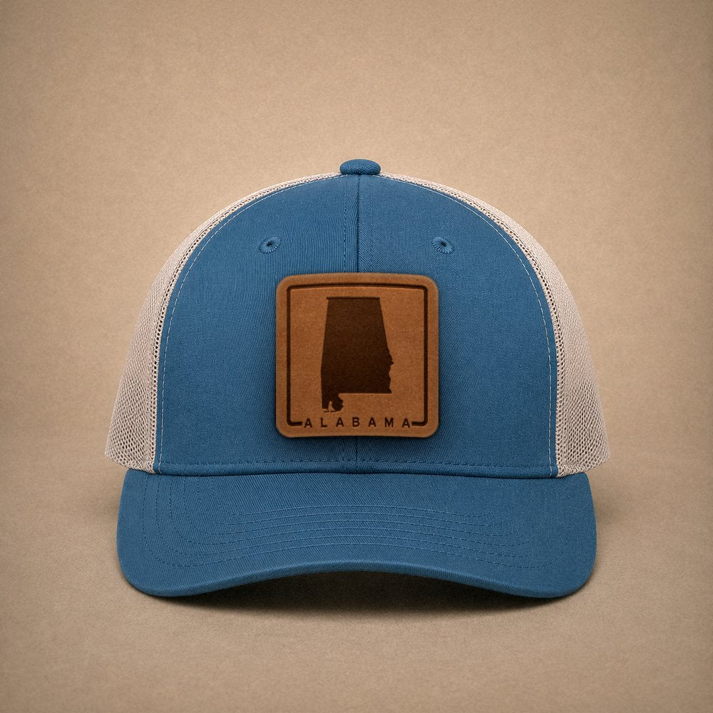 Steel Blue Alabama hats — Alabama Outline Leather Patch Trucker Hat