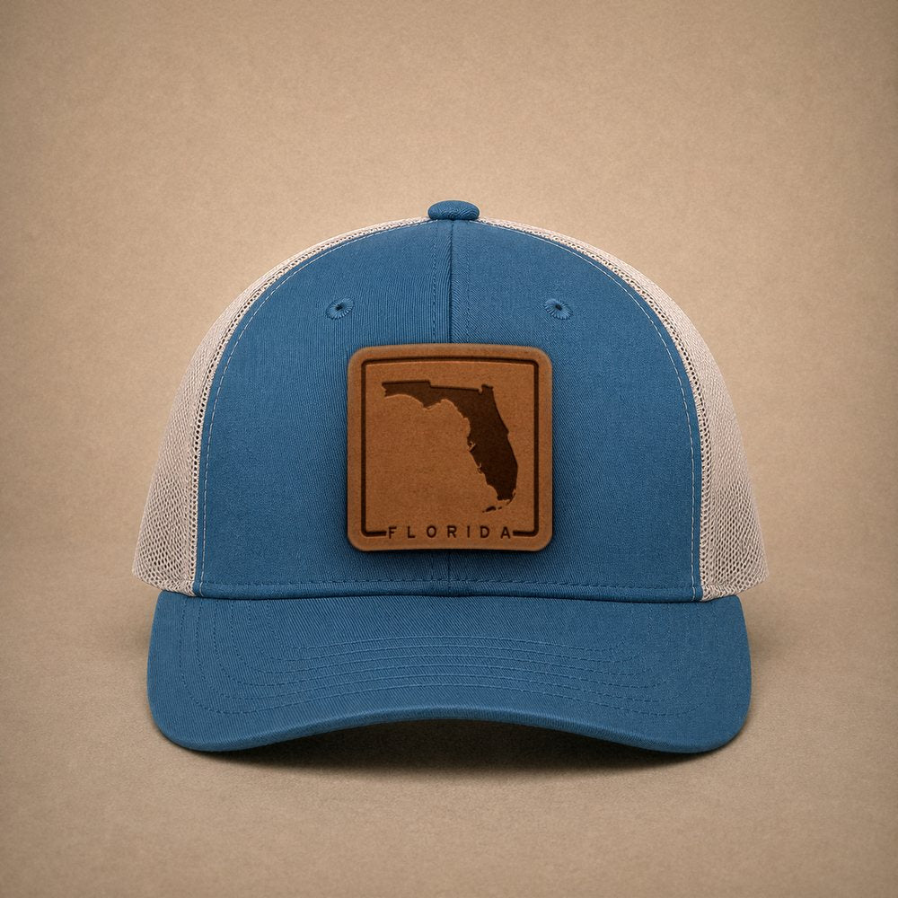 Steel Blue Florida hats — Florida Outline Leather Patch Trucker Hat