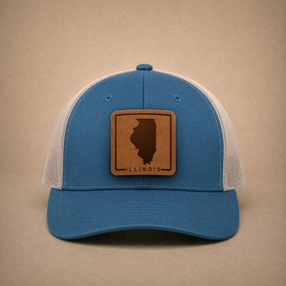 Steel Blue Illinois hats — Illinois Outline Leather Patch Trucker Hat
