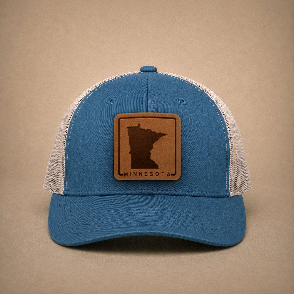 Steel Blue Minnesota hats — Minnesota Outline Leather Patch Trucker Hat