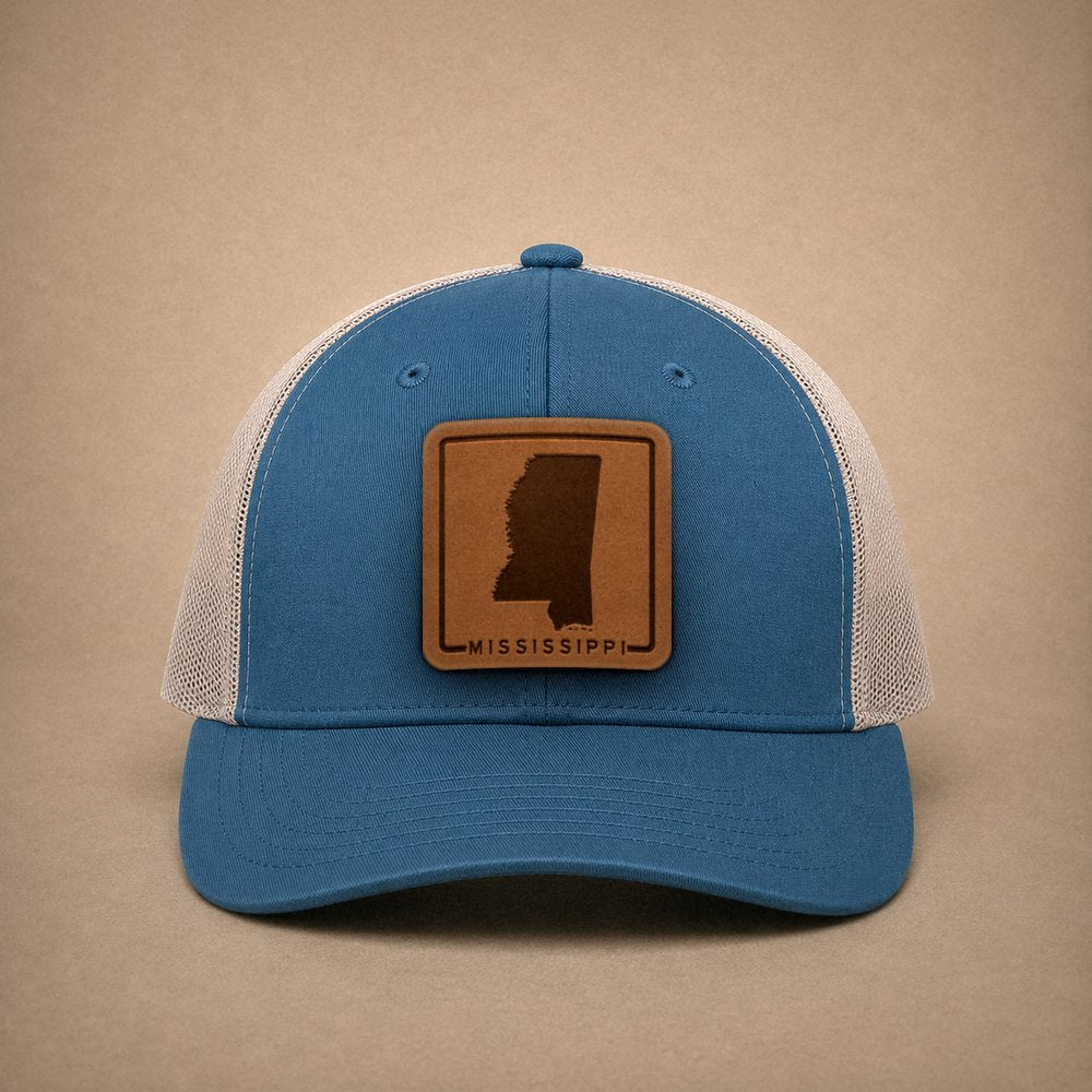 Steel Blue Mississippi hats — Mississippi Outline Leather Patch Trucker Hat
