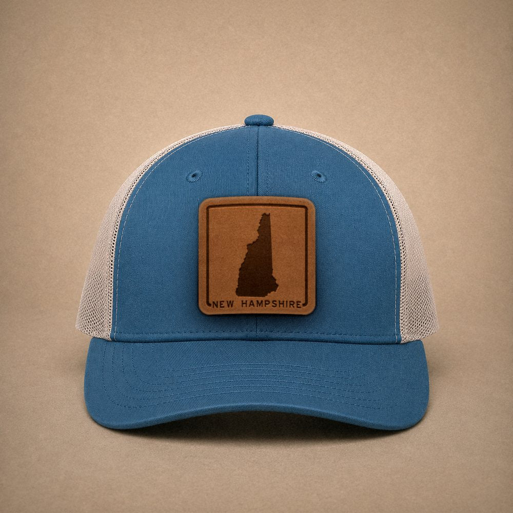 Steel Blue New Hampshire hats — New Hampshire Outline Leather Patch Trucker Hat