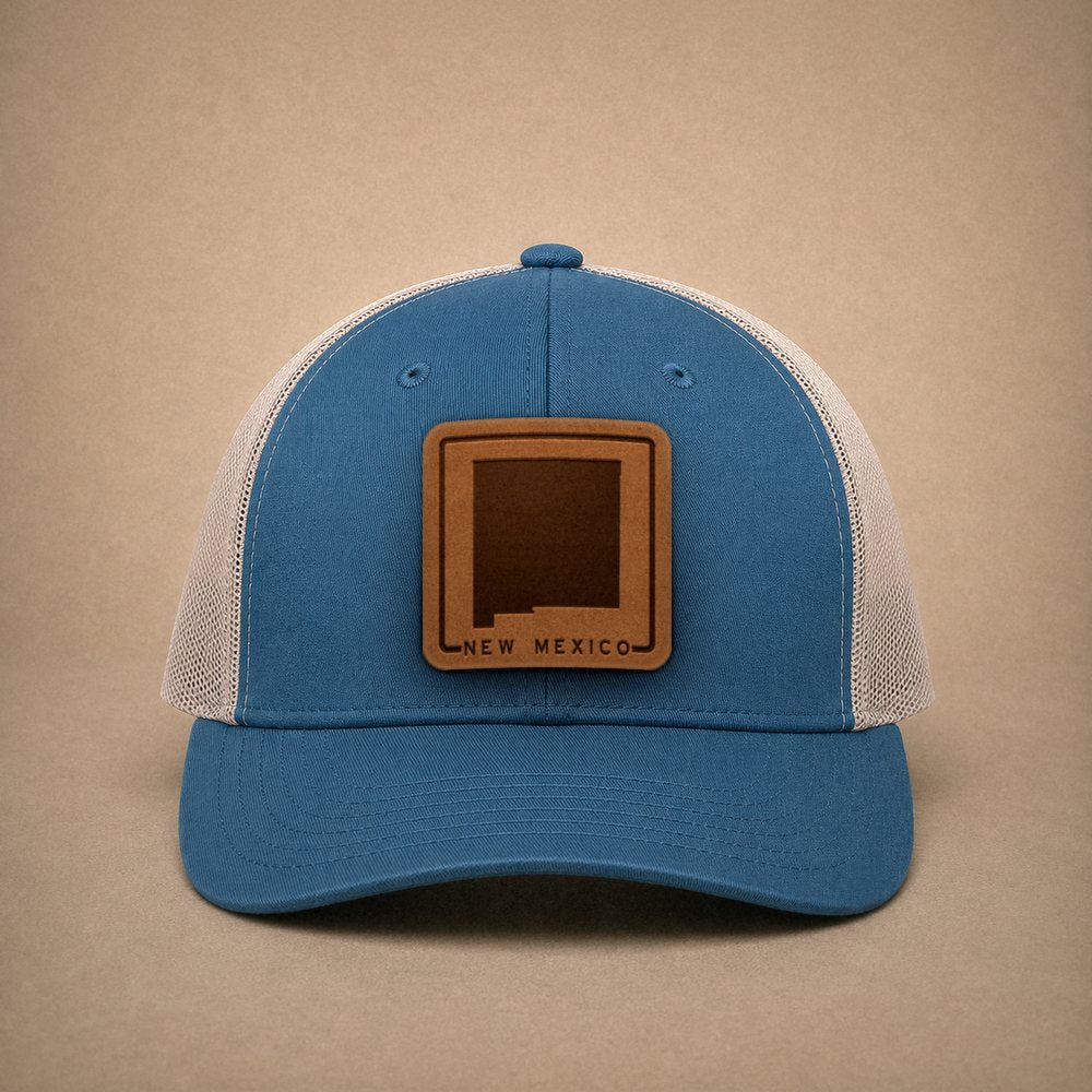 Steel Blue New Mexico hats — New Mexico Outline Leather Patch Trucker Hat