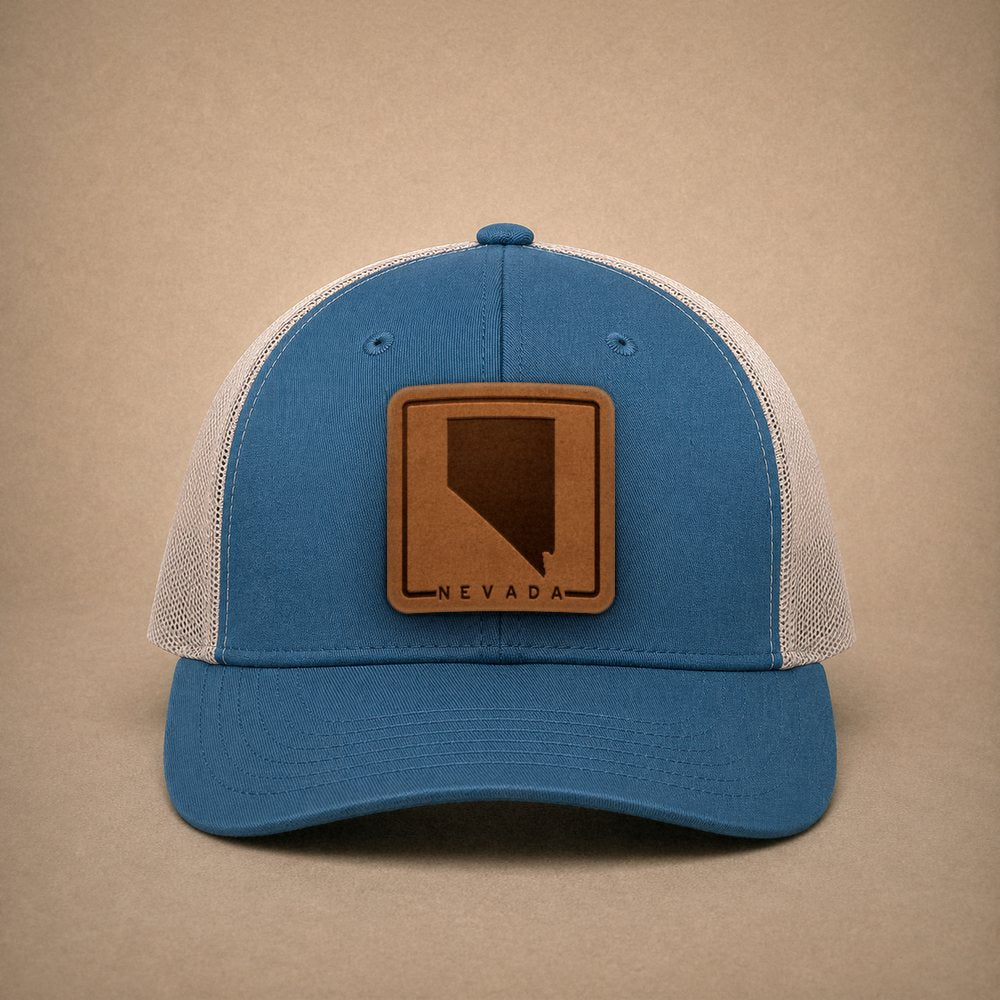 Steel Blue Nevada hats — Nevada Outline Leather Patch Trucker Hat