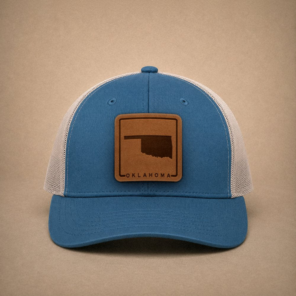 Steel Blue Oklahoma hats — Oklahoma Outline Leather Patch Trucker Hat