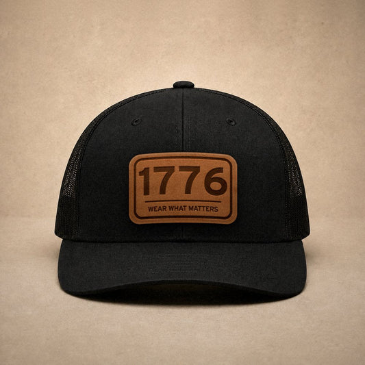 Black USA hats — 1776 Leather Patch Trucker Hat