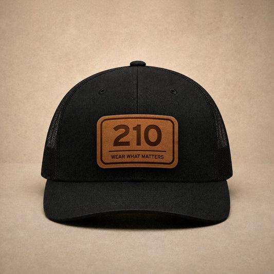 Black San Antonio hats — San Antonio 210 Leather Patch Trucker Hat