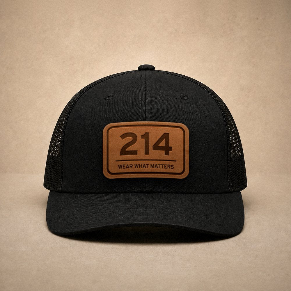 Black Dallas hats — Dallas 214 Leather Patch Trucker Hat