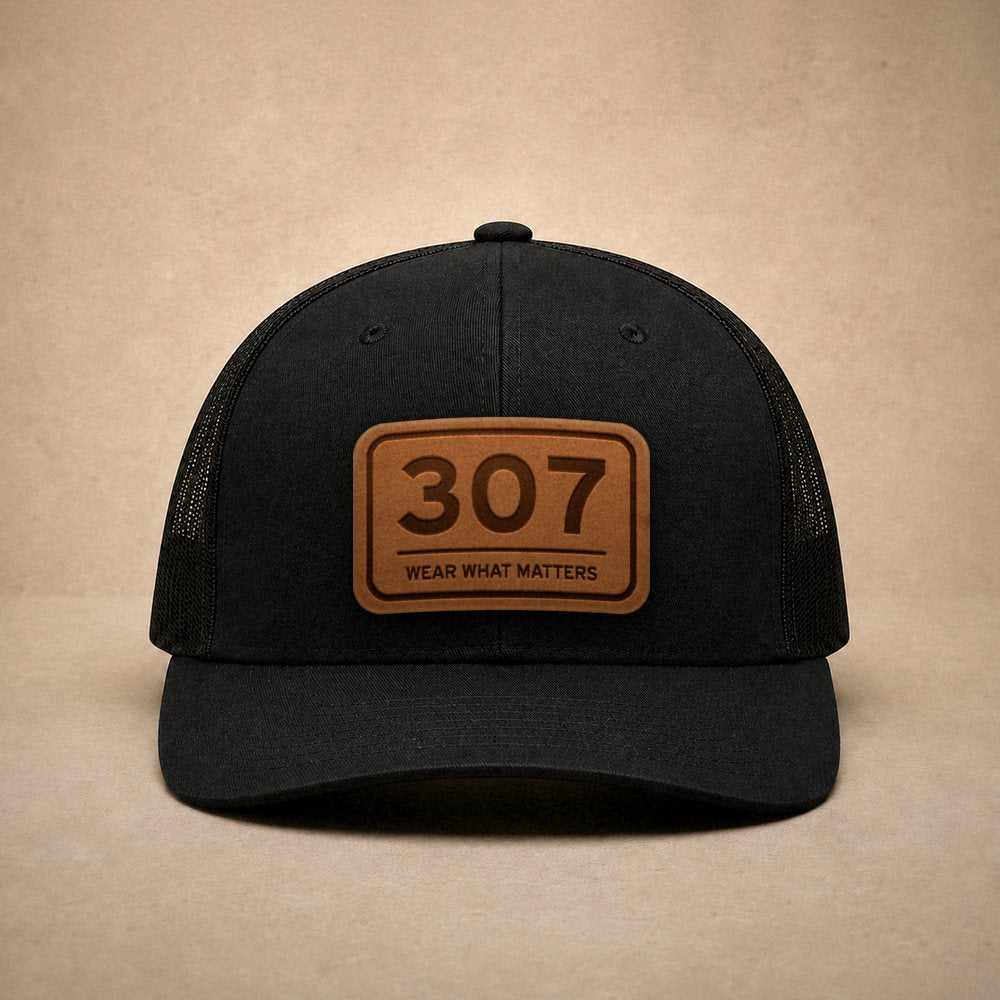 Black Wyoming hats — Wyoming 307 Leather Patch Trucker Hat