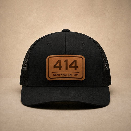 Black Milwaukee hats — Milwaukee 414 Leather Patch Trucker Hat