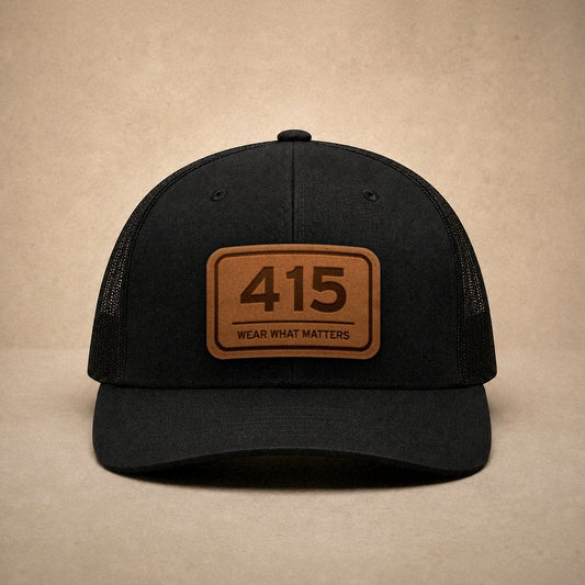 Black San Francisco hats — San Francisco 415 Leather Patch Trucker Hat