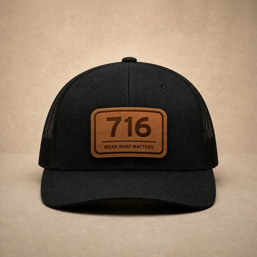 Black Buffalo hats — Buffalo 716 Leather Patch Trucker Hat