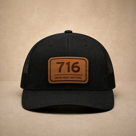 Black Buffalo hats — Buffalo 716 Leather Patch Trucker Hat