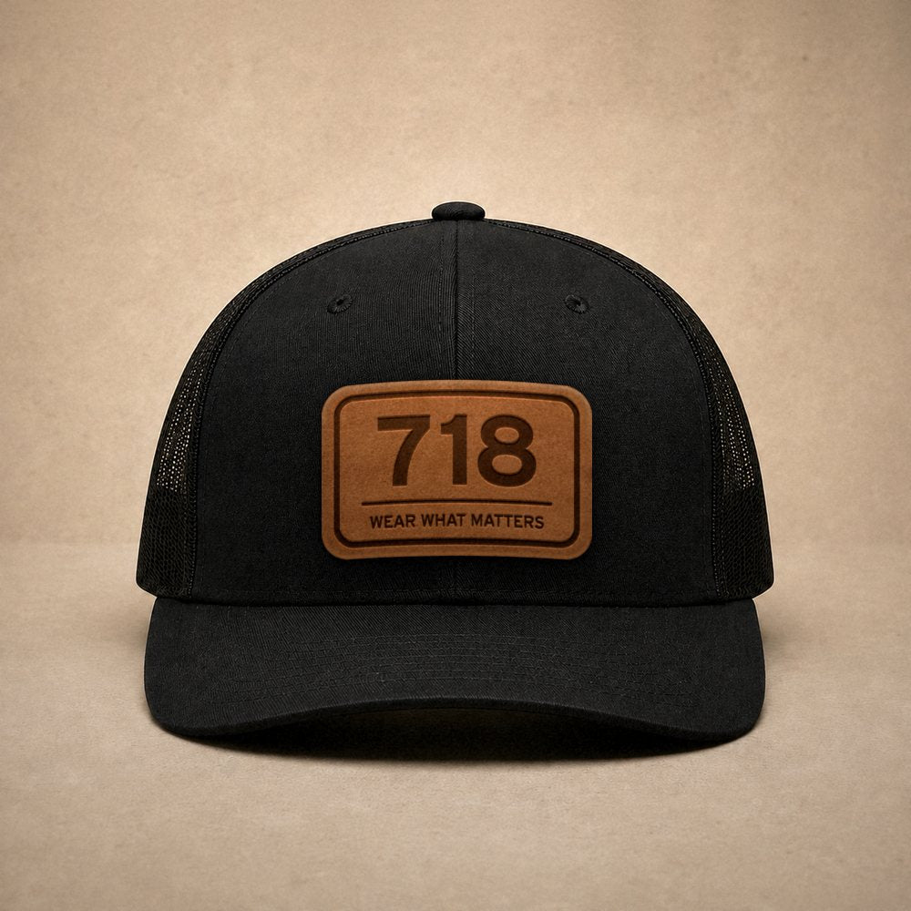 Black New York City hats — New York City 718 Leather Patch Trucker Hat