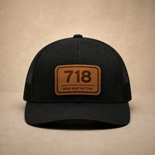 Black New York City hats — New York City 718 Leather Patch Trucker Hat