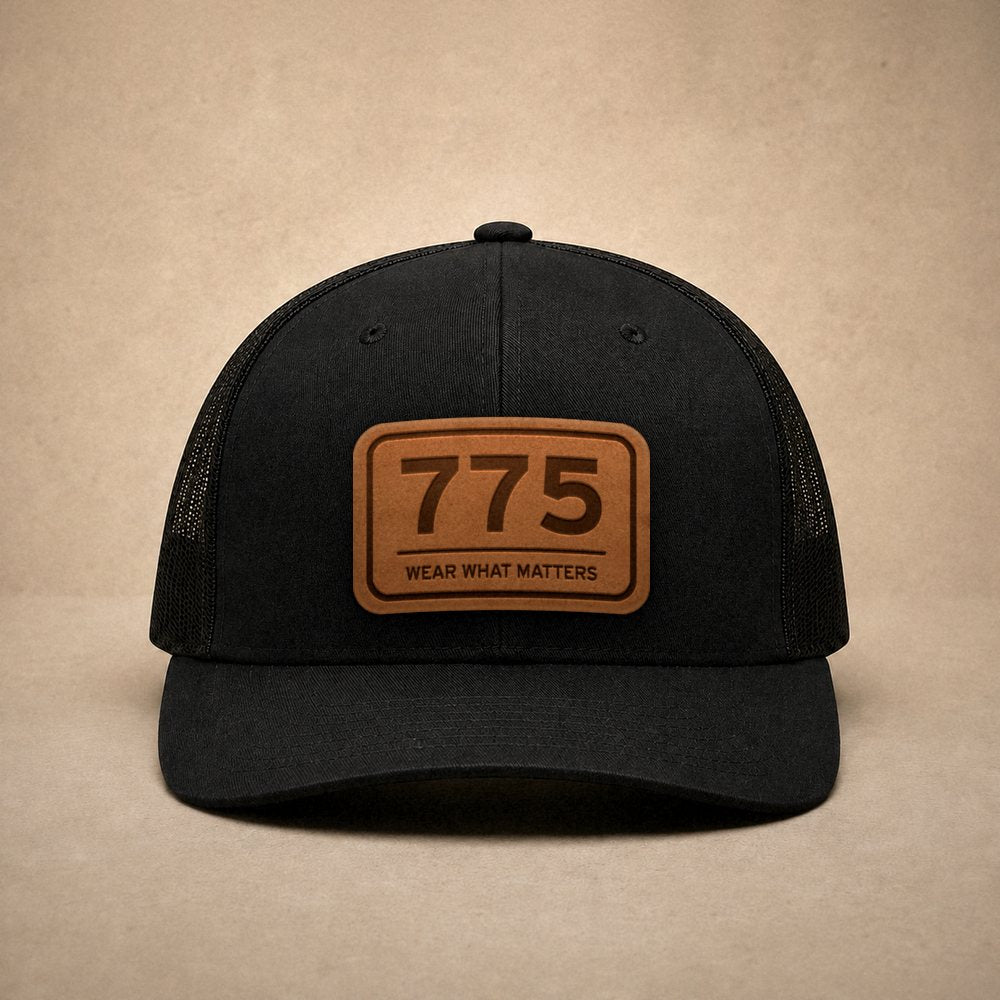 Black Reno hats — Reno 775 Leather Patch Trucker Hat