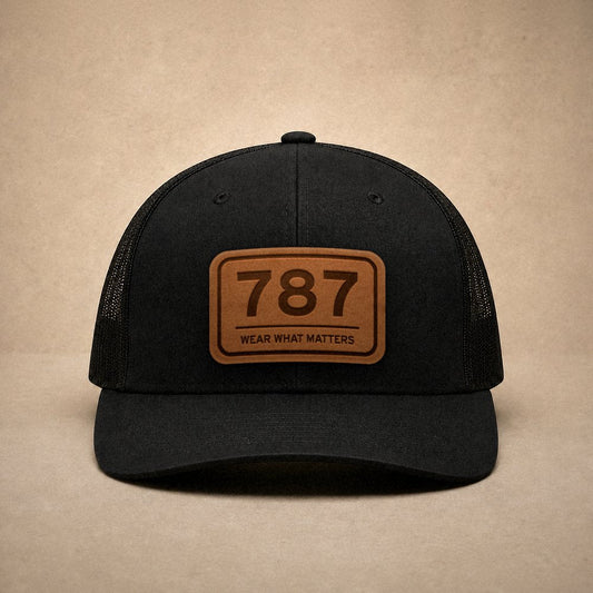 Black Puerto Rico hats — Puerto Rico 787 Leather Patch Trucker Hat