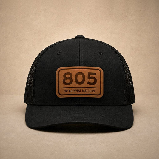 Black Santa Barbara hats — Santa Barbara 805 Leather Patch Trucker Hat