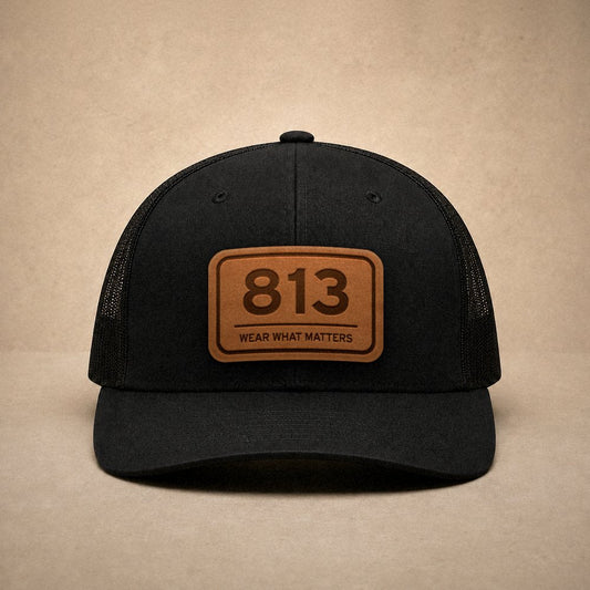 Black Tampa hats — Tampa 813 Leather Patch Trucker Hat