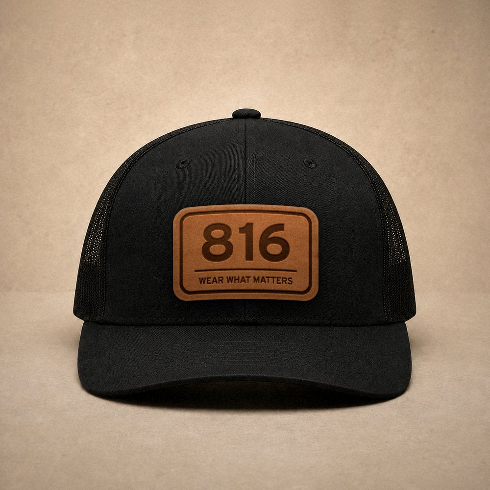 Black Kansas City hats — Kansas City 816 Leather Patch Trucker Hat