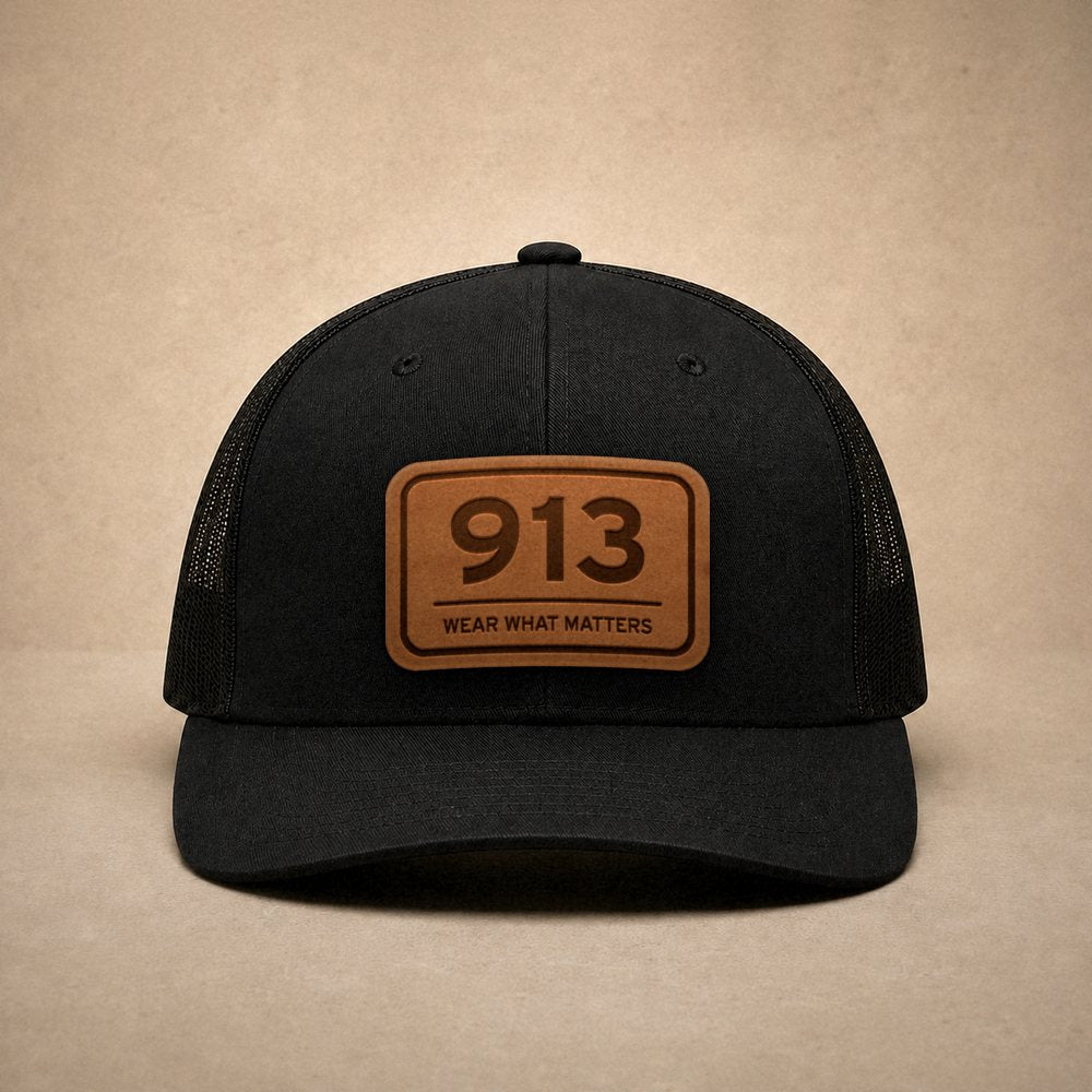 Black Kansas City hats — Kansas City 913 Leather Patch Trucker Hat