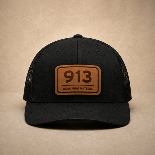 Black Kansas City hats — Kansas City 913 Leather Patch Trucker Hat
