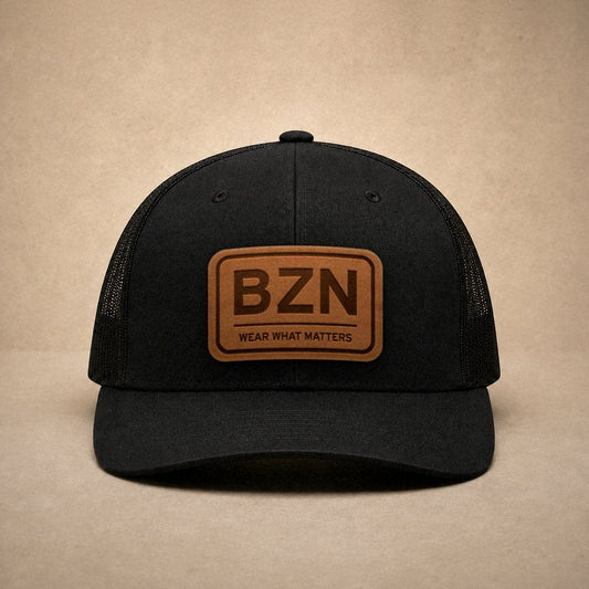Black Bozeman hats — Bozeman BZN Leather Patch Trucker Hat