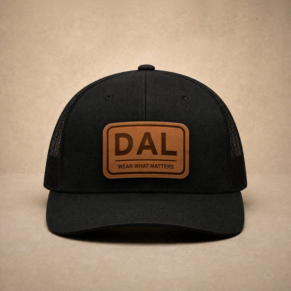 Black Dallas hats — Dallas DAL Leather Patch Trucker Hat