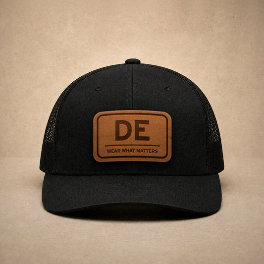Black Delaware hats — Delaware DE Leather Patch Trucker Hat