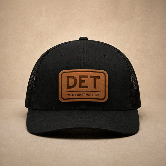 Black Detroit hats — Detroit DET Leather Patch Trucker Hat