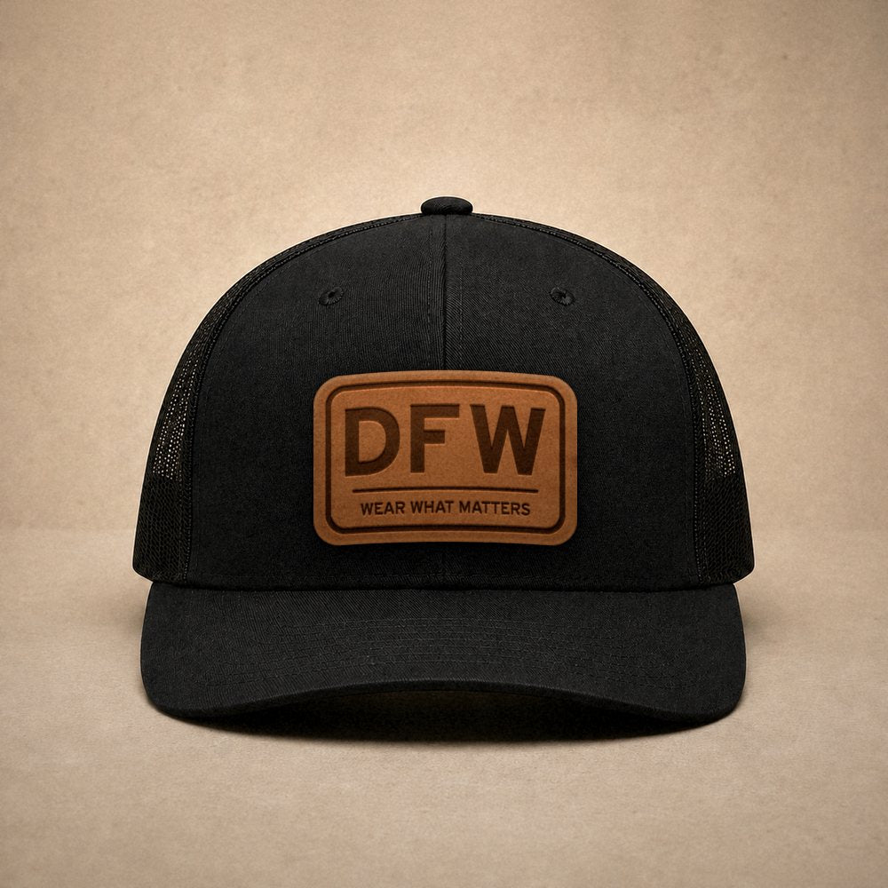Black Dallas hats — Dallas DFW Leather Patch Trucker Hat