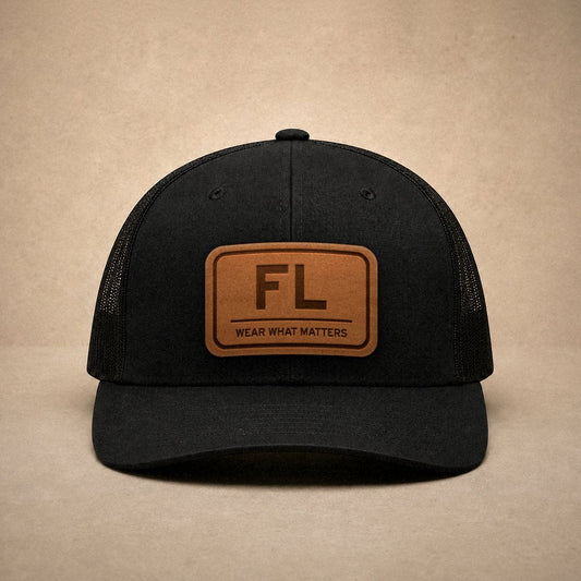 Black Florida hats — Florida FL Leather Patch Trucker Hat