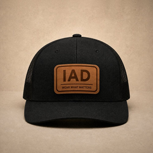 Black Washington DC hats — Washington DC IAD Leather Patch Trucker Hat