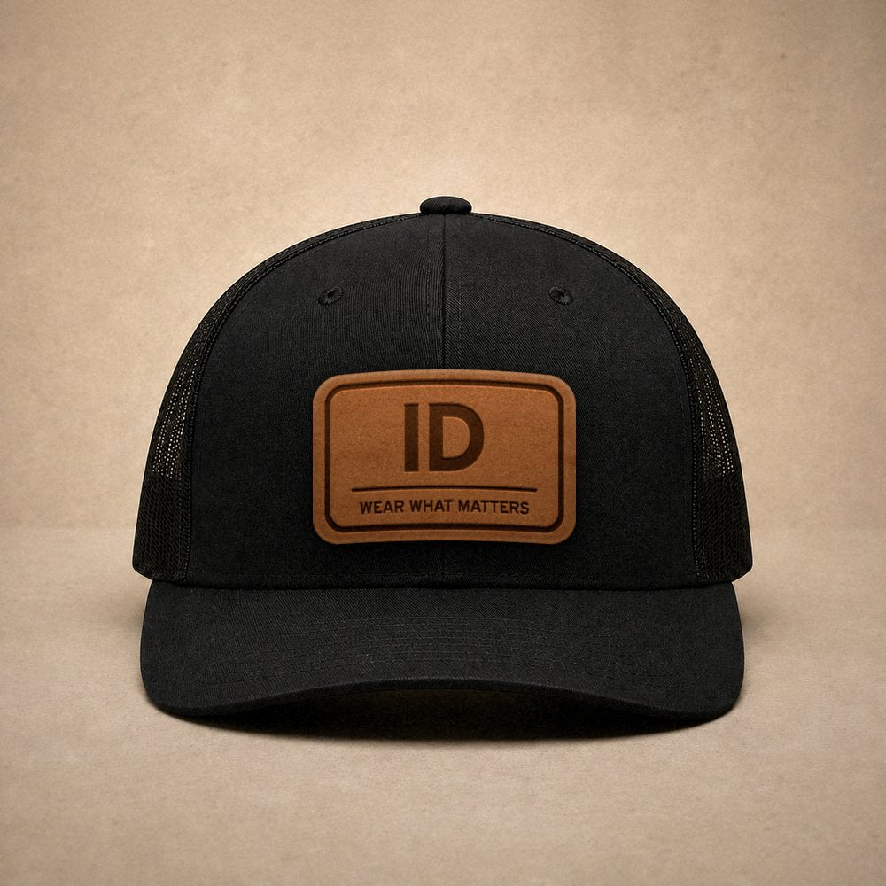 Black Idaho hats — Idaho ID Leather Patch Trucker Hat