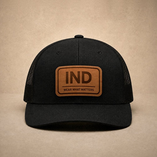 Black Indianapolis hats — Indianapolis IND Leather Patch Trucker Hat
