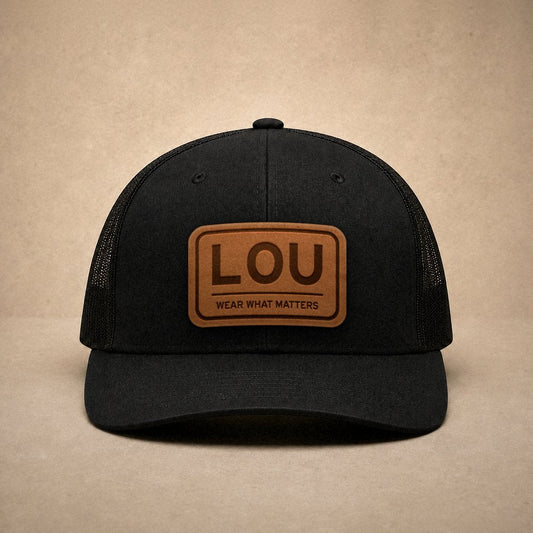 Black Louisville hats — Louisville LOU Leather Patch Trucker Hat