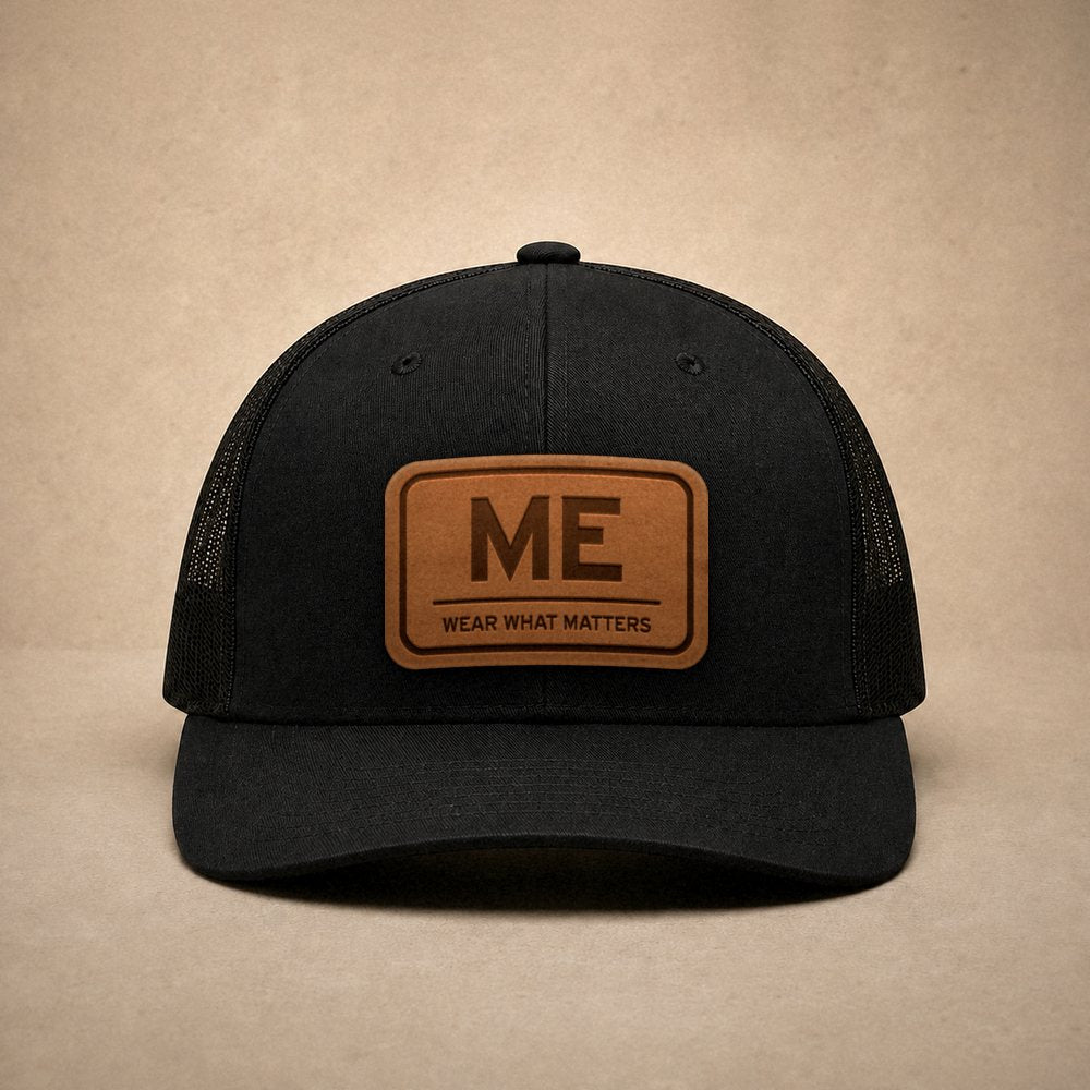 Black Maine hats — Maine ME Leather Patch Trucker Hat