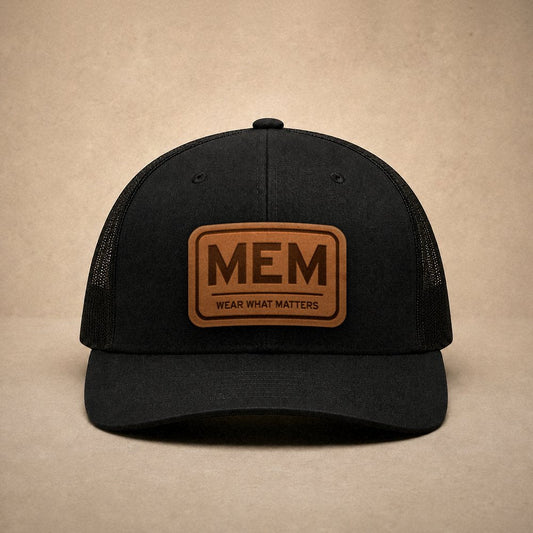 Black Memphis hats — Memphis MEM Leather Patch Trucker Hat