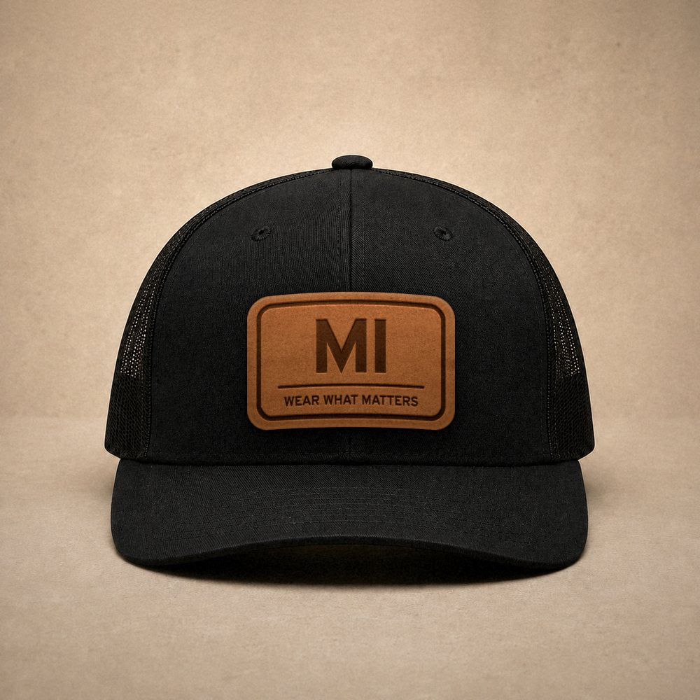 Black Michigan hats — Michigan MI Leather Patch Trucker Hat