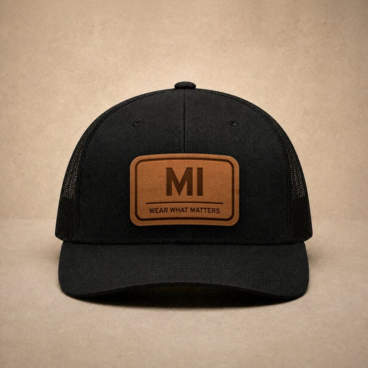 Black Michigan hats — Michigan MI Leather Patch Trucker Hat